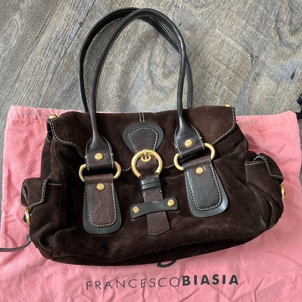 Francesco Biasia Chocolate Brown Soft Suede Double Handle Satchel Purse Handbag